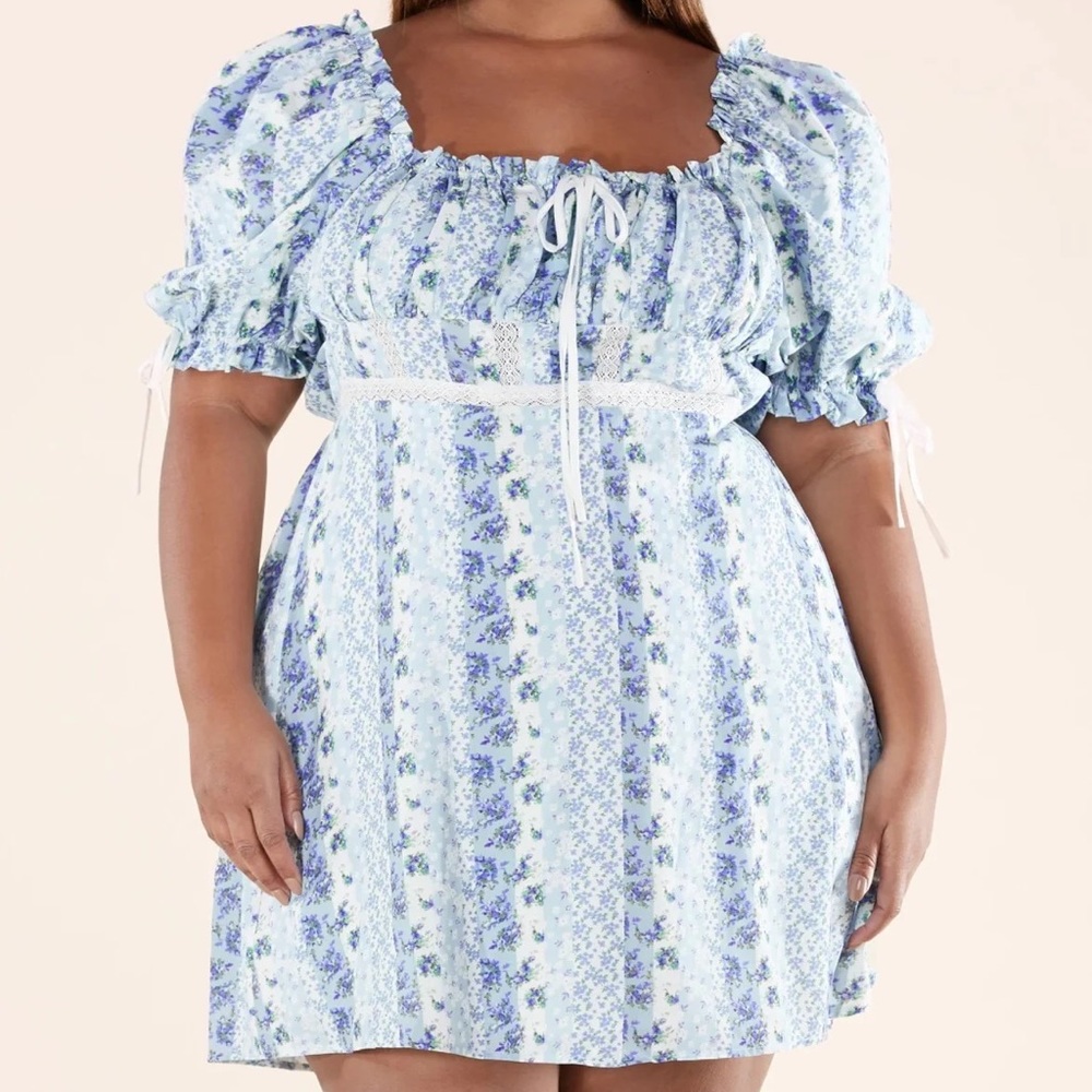 Plus Size Blue Floral Mini Dress, multiple sizes 2X,3X,4X